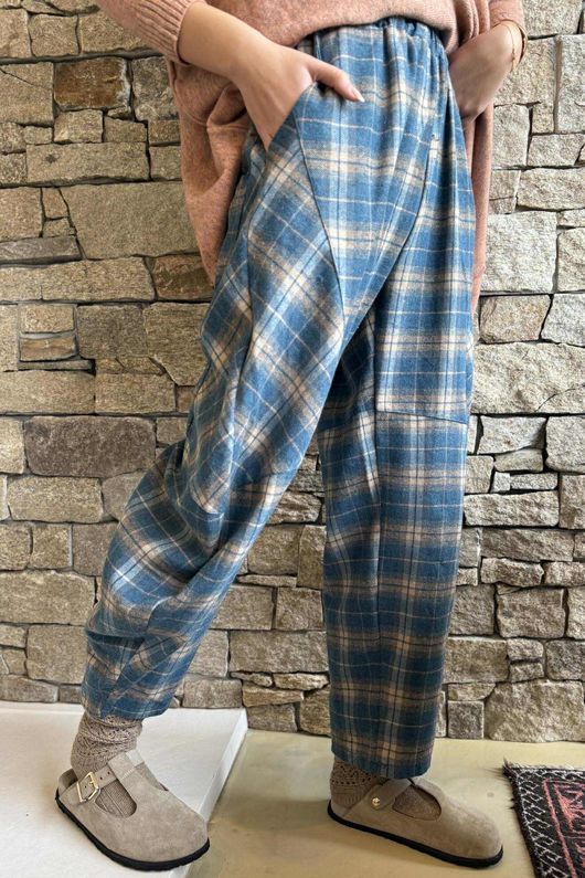 Patrick Plaid Brushed Cotton Barrel Pant Teal - **